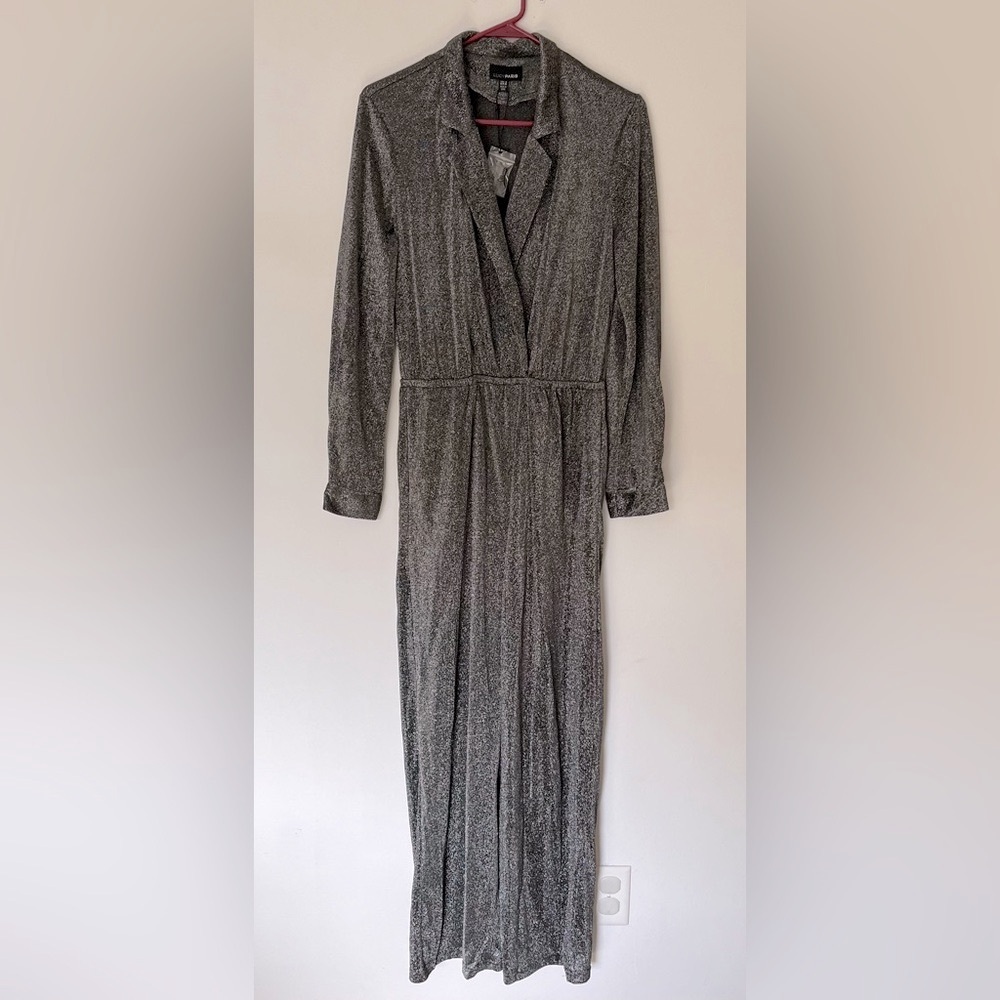 Lucy Paris Black and Silver Sparkle Shimmer Collared Jumpsuit in Size Small